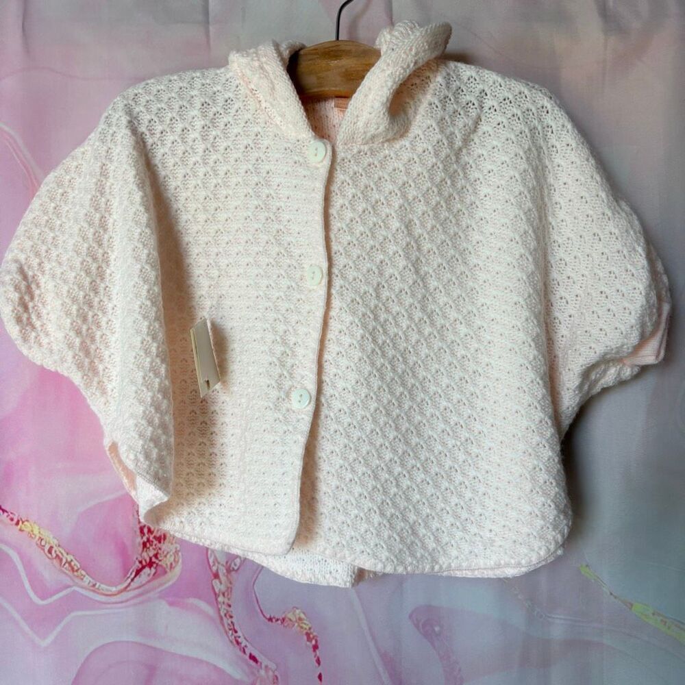 Renzo 6-9M Vintage Pastel Light Pink Knit Hooded Poncho NWT Preppy Luxury Retro